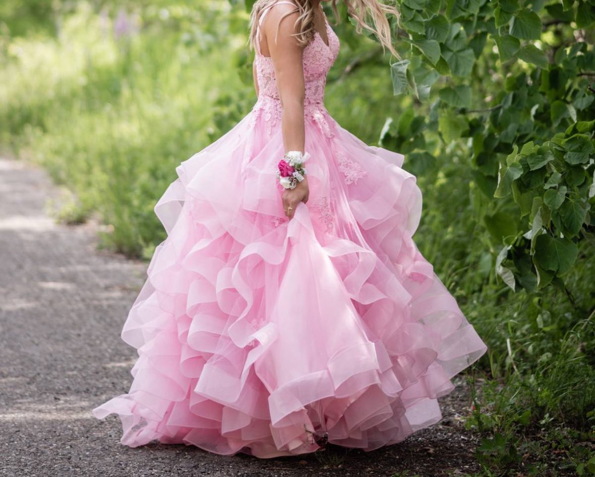 Unique A Line Puffy Pink Prom Dress 2026 Lace Formal Dress V Neck