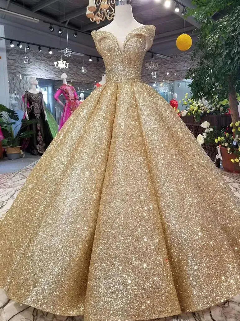 Unique Ball Gown Gold Sequins Quinceanera Dresses Off Shoulder Back