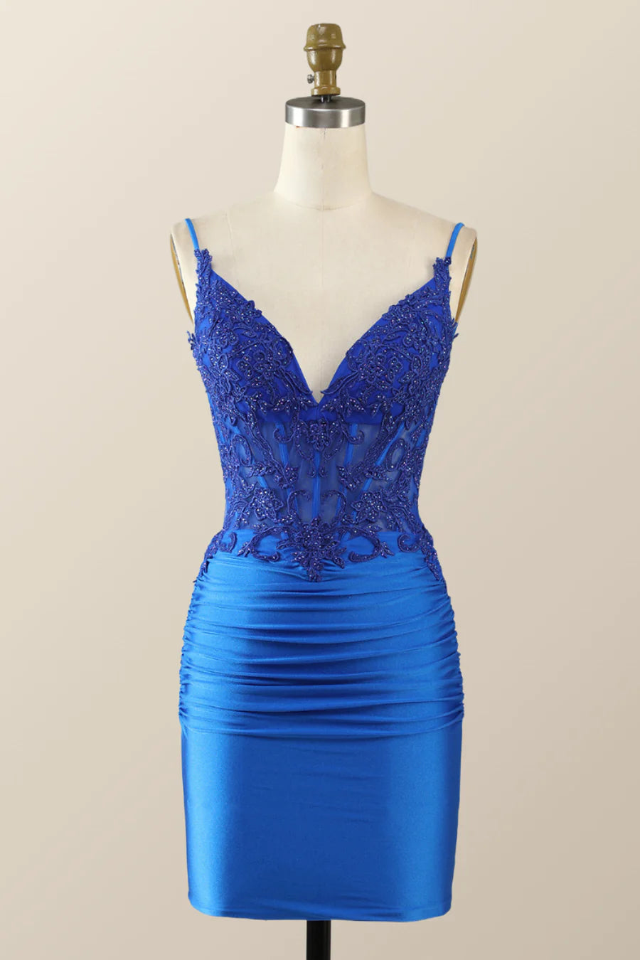 Unique Royal blue Bodycon Mini Hoco Dress with Straps Appliques