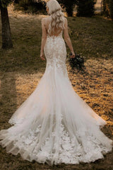 Unique Lace Mermaid Wedding Dress V-Neck with Appliques