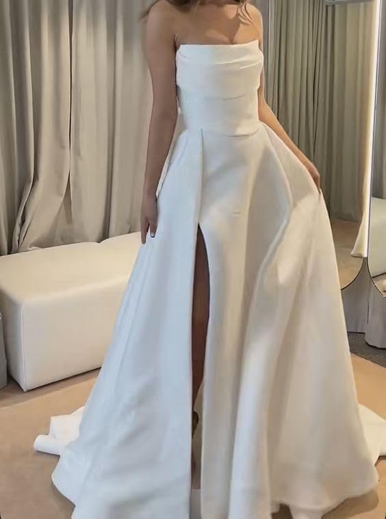Unique Satin Minimalist Wedding Dress Strapless Ruched with Slit