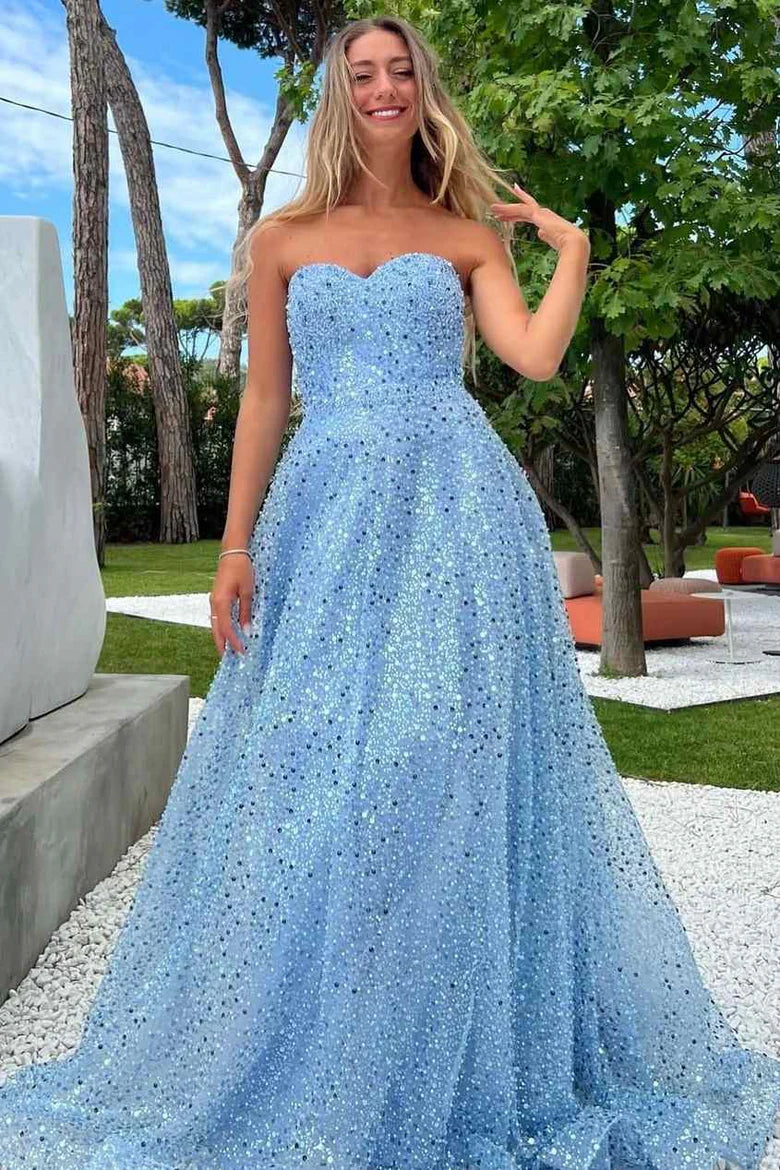 Unique Sequins Prom Dress Blue A-Line Strapless Evening Gown Mychicdress