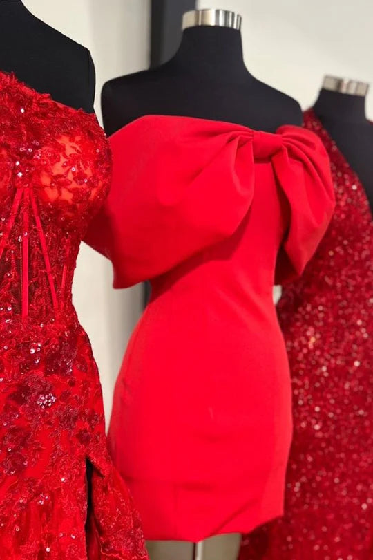 Unique Short red Homecoming Dress with Wrap Shoulder Sape