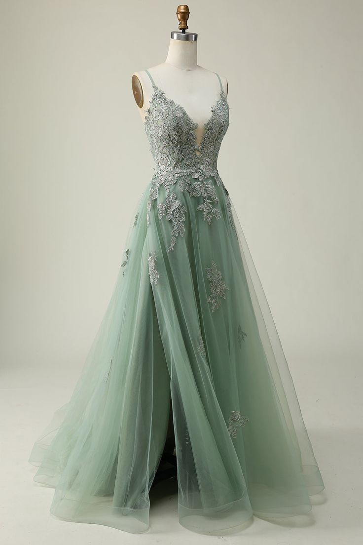 V Neck Sage Green Lace Formal Prom Dresses A Line
