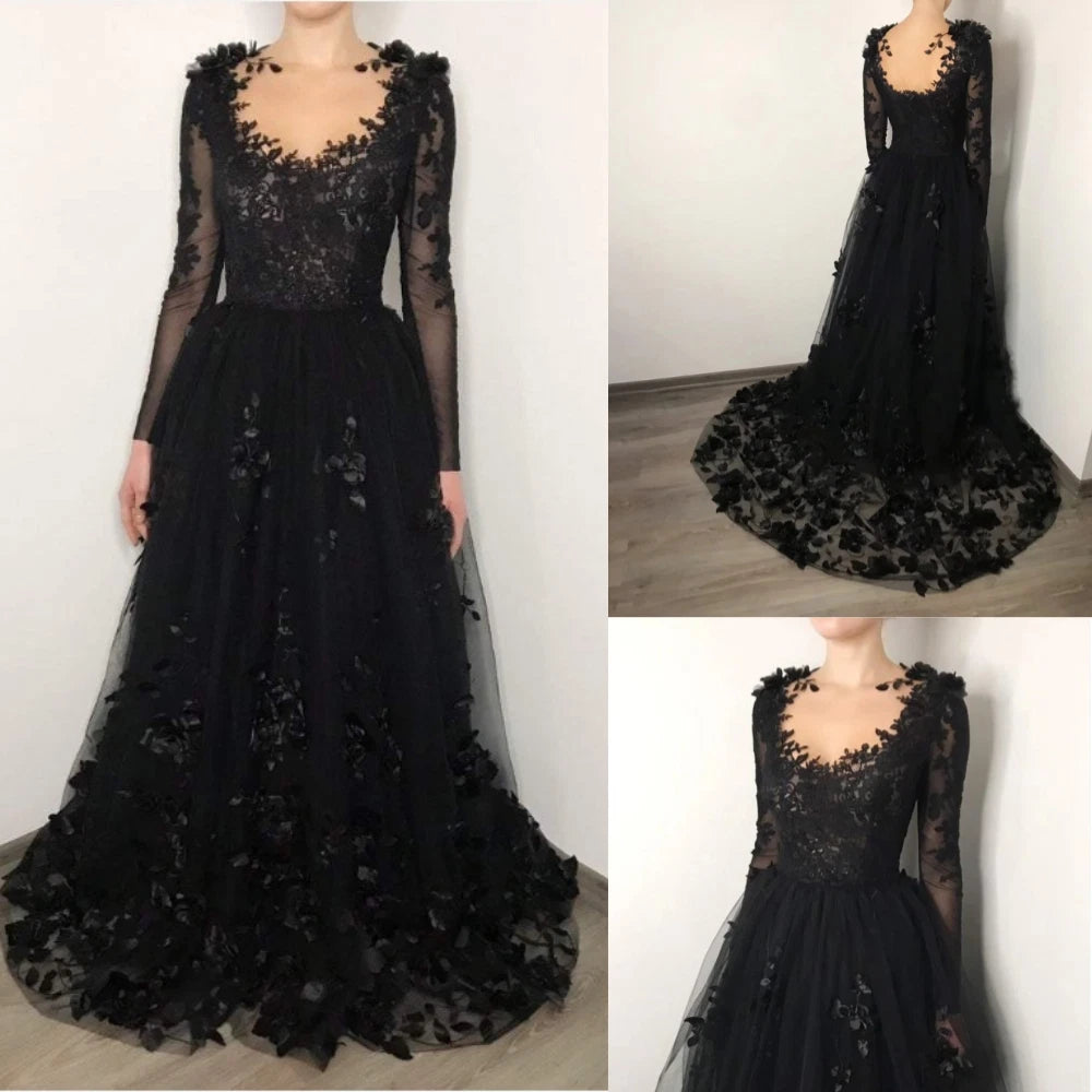 Vintage Black Long Sleeves Wedding Dress Lace A-Line Bridal Gowns
