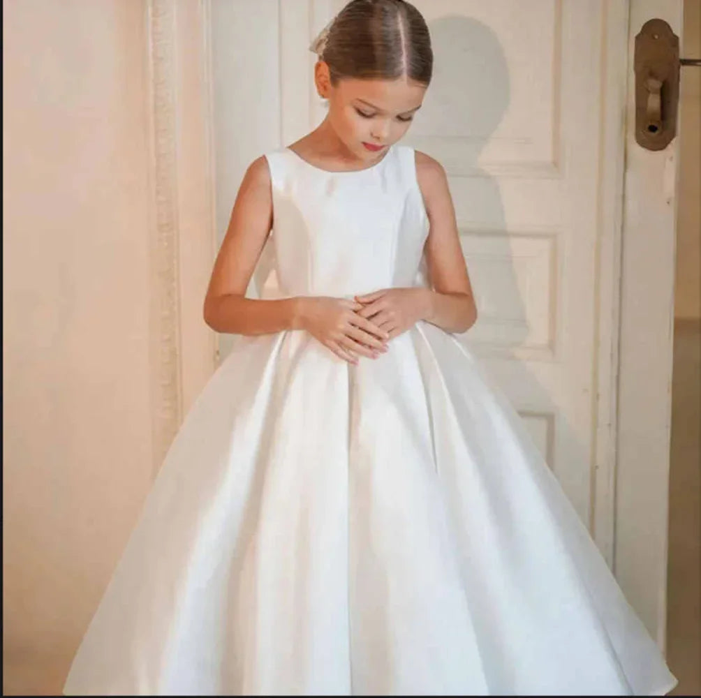 Cheap White Wedding Flower Girl Dress for Little Girls with Bow