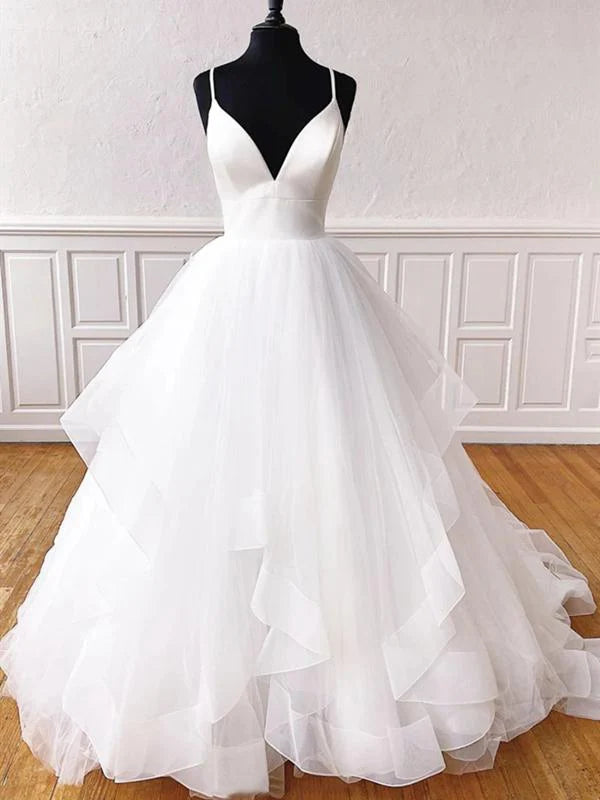 A-line Ruffles Tulle Beach Wedding Dresses Long V-Neck Straps Sleeveless - MyChicDress