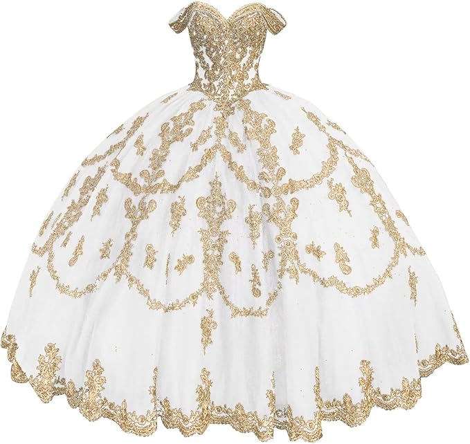 Gold Sweet 16 Dress Tulle Lace white Quince Dress Vestidos de 15 Años Off Shoulder Mychicdress