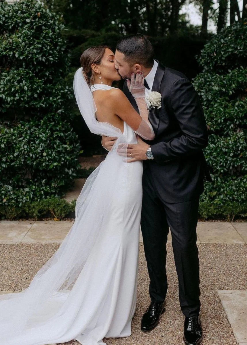 White Satin Casual Beach Wedding Dresses Halter Mermaid Mychicdress