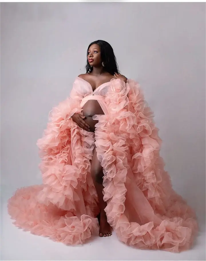 Pink Organza Ruffle Maxi Maternity Pregnancy Dress for PhotoShoot