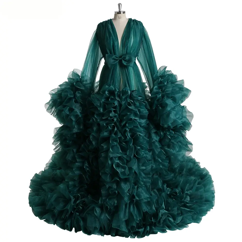 Teal evening gown with ruffled layers 