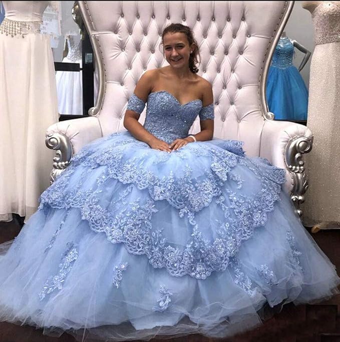 Women's Quinceanera Dress Blue Lace Applique with Detachable Sleeves Mychicdress