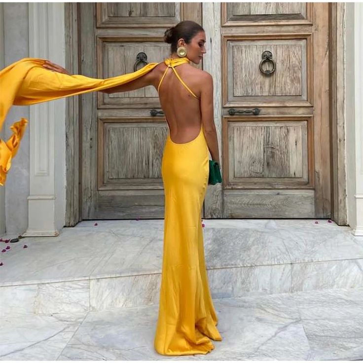 Yellow-satin-formal-wedding-guest-dress-halter-maxi-dress-mychicdress