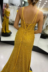 Yellow Formal Dress Sequin Mermaid Long with Slit