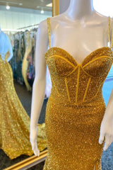 Yellow Formal Dress Sequin Mermaid Long with Slit