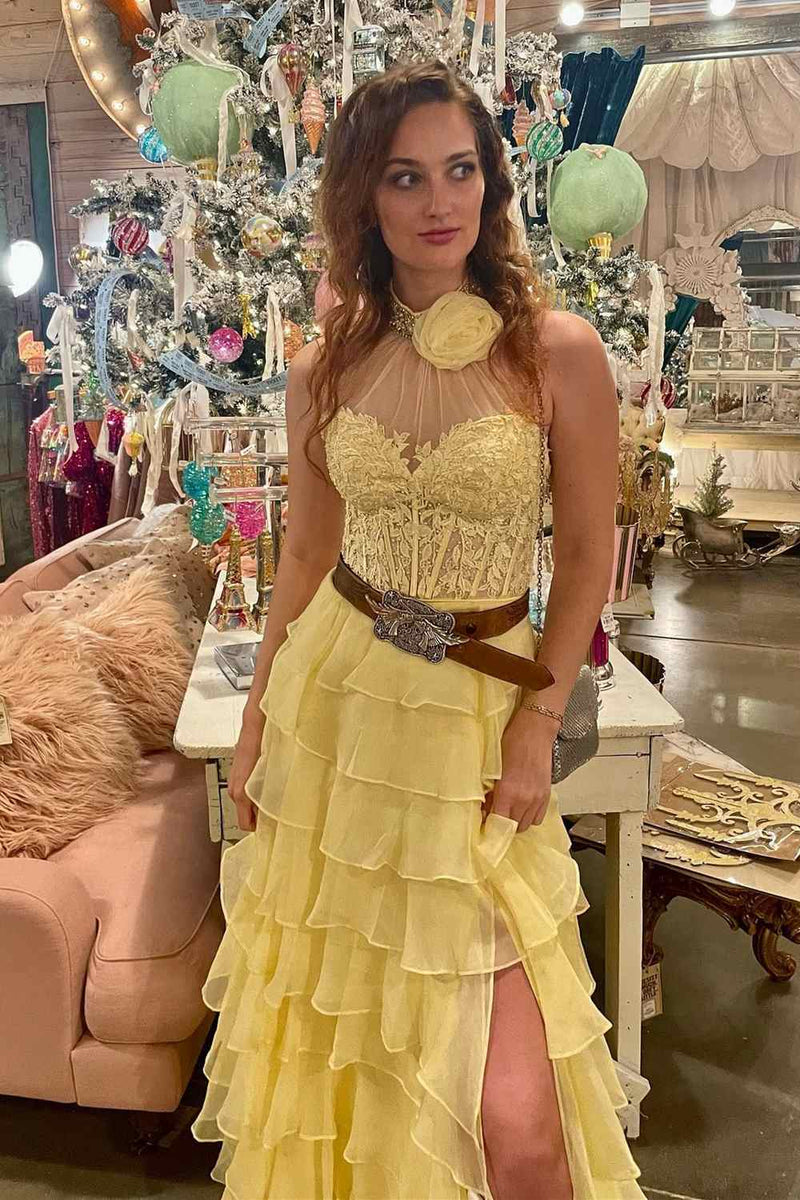 Lavender Long Tiered Violet Prom Dress Ruffle High Neck with 3D Flower - MyChicDress