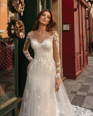 Vestidos de novia marfil de encaje de sirena de manga larga modernos