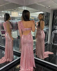 2024 Blush Pink Lentejuelas Vestidos De Fiesta Vestido De Noche De Sirena Un Hombro