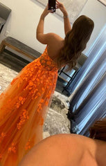 Vestidos de fiesta de encaje naranja 2025, vestidos formales sexys con apliques largos y escote en forma de corazón