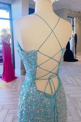 2024 Blue Iridescent Sequin Prom Dresses V Neck Mermaid Graduation Dress Split MyChicDress