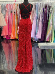 2024 High Slit Sequin Red Prom Dresses Long V Neckline Mermaid Evening Dress MyChicDress