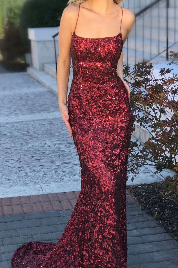 2024 Long Burgundy Evening Dress UK Mermaid Sexy Backless Sequins Prom Dresses MyChicDress