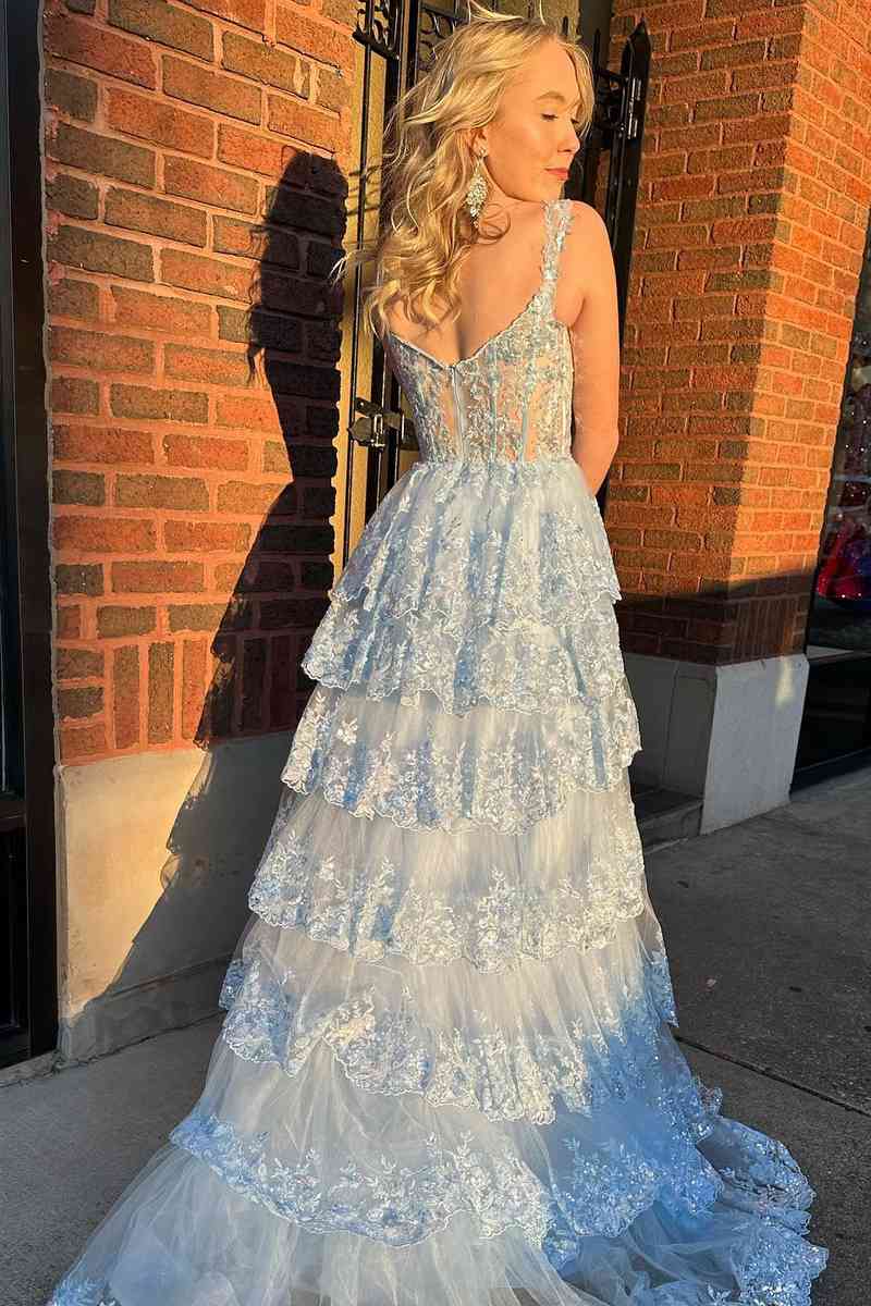 2024 Long Light Blue Corset Lace Prom Gowns Tiered Tulle Formal Graduation Dress MyChicDress