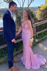 2024 Long Pink Prom Dresses Sequin Mermaid Sleeveless Formal Dress MyChicDress