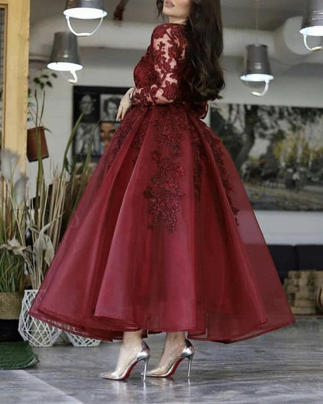 2024 Long Sleeves Burgundy Wedding Guest Dress Short Ankle Length Prom Dress Lace MyChicDress