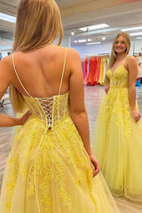 2025 A Line Yellow Lace Long Prom Dress V Neck Open Back UK Evening Dress Cheap MyChicDress