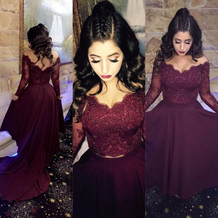 A-line Long-Sleeve Lace Burgundy Prom Dresses Hi low Beads Dress - MyChicDress