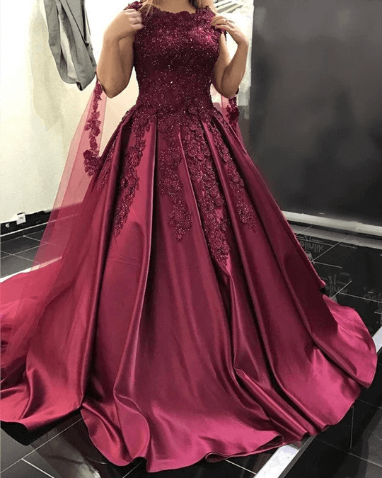 2025 Ball Gown Burgundy Prom Dress Satin Lace Cap Sleeves Wedding Dress MyChicDress