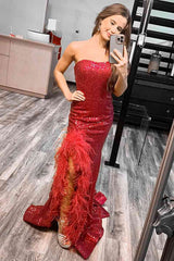 2025 Black Sequin Prom Dresses Mermaid Long Evening Dress with Feather MyChicDress