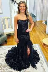 2025 Black Sequin Prom Dresses Mermaid Long Evening Dress with Feather MyChicDress