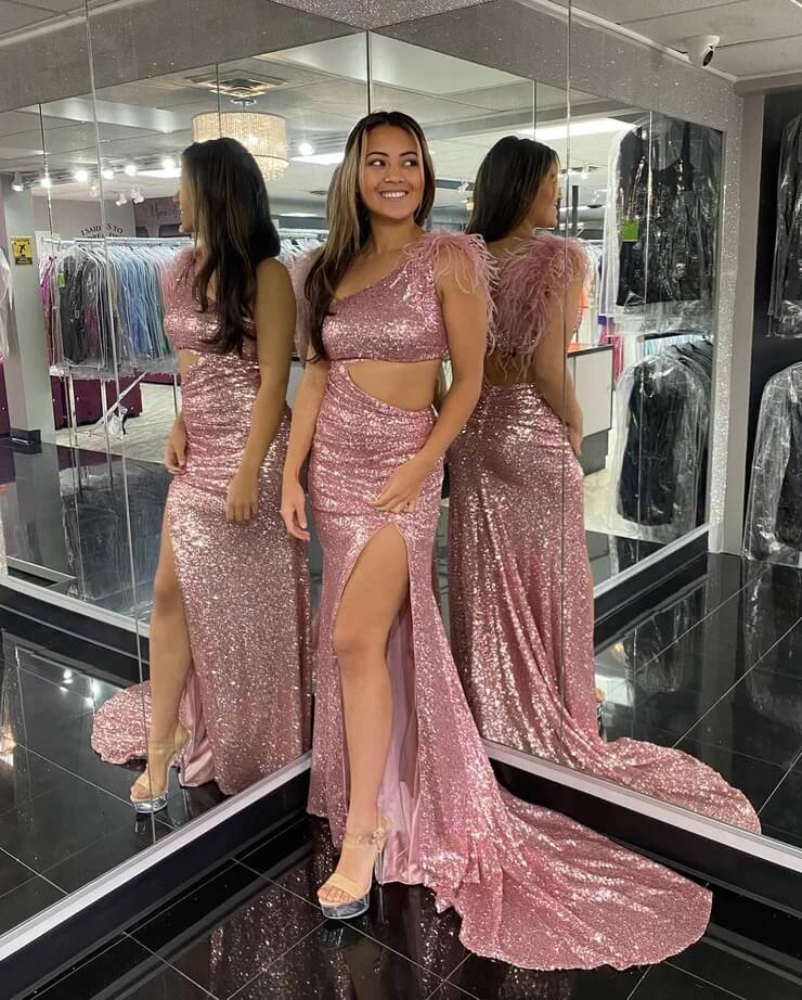 2025 Blush Pink Sequins Prom Dresses Mermaid Evening Dress One Shoulder MyChicDress