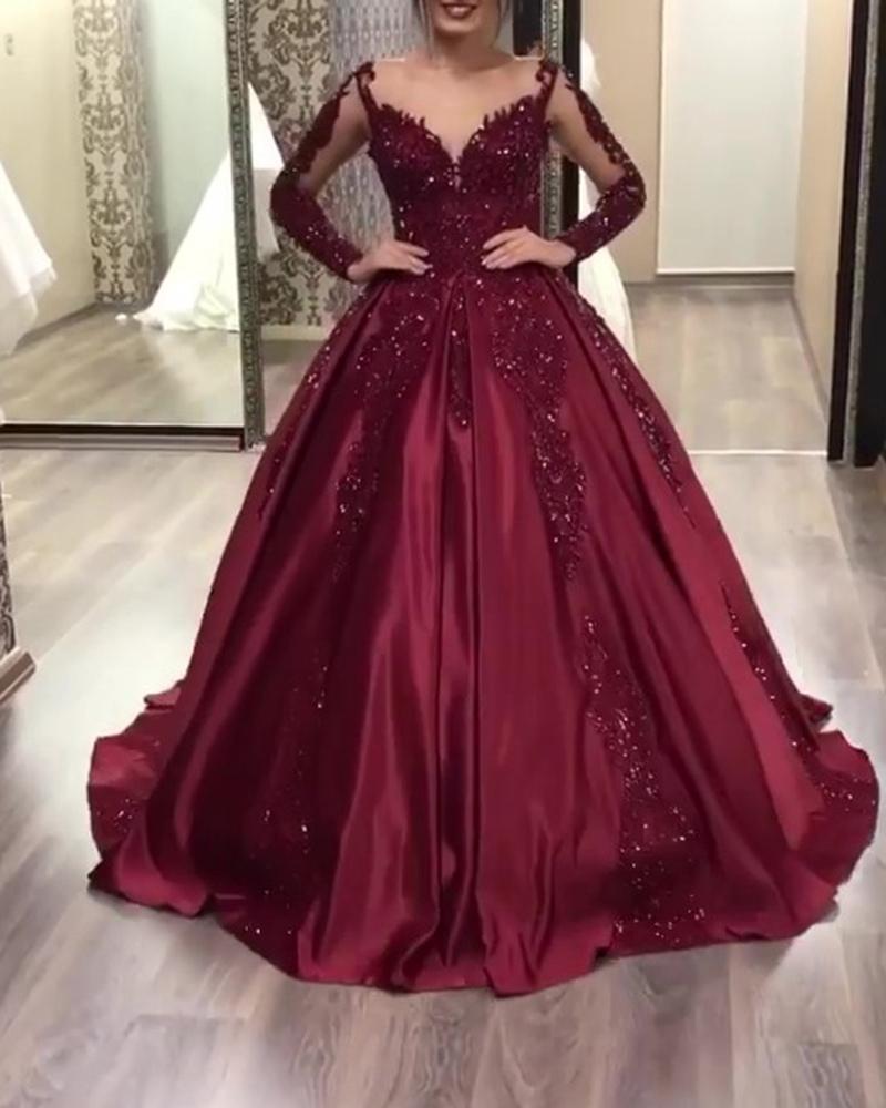 2025 Burgundy Long Sleeves Satin Prom Dresses Ball Gown Sweet 16 Dresses MyChicDress