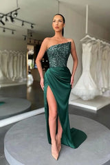 2025 Cheap Dark Green Prom Dress Sequins Satin Formal Dress With Split MyChicDress