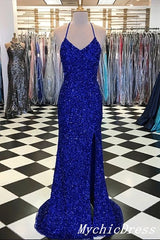 2025 Glitter Sequin Iridescent Royal Blue Prom Dresses Long with Split MyChicDress