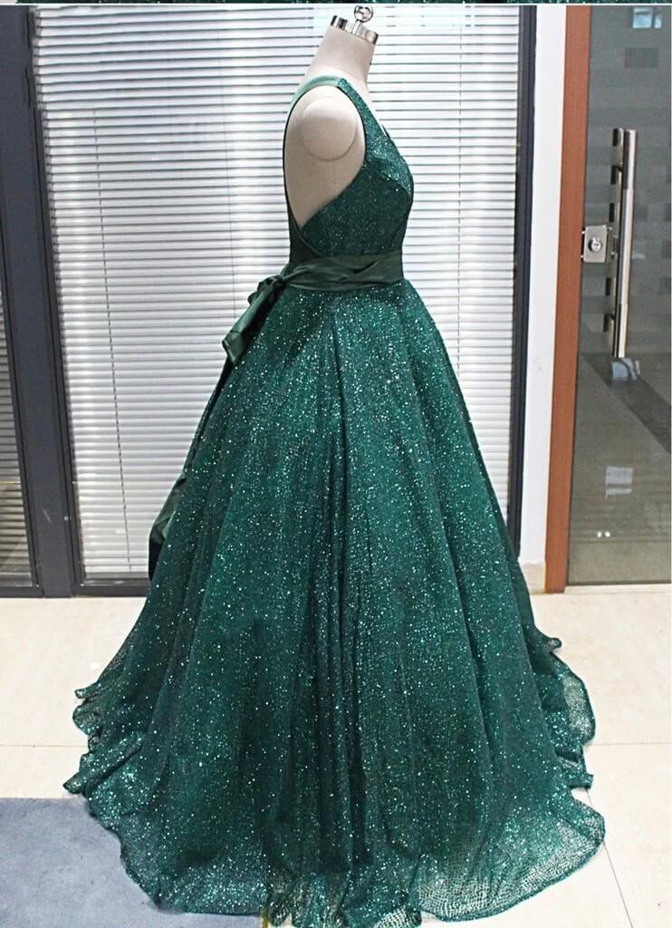 2025 Hot Green Sequined Prom Dresses Long V Neck Ball Gown Quinceanera Dresses MyChicDress