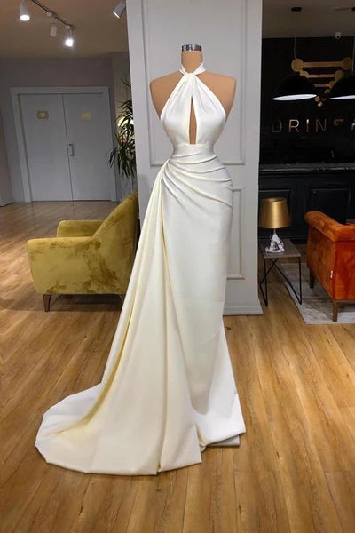 2025 Ivory Halter Mermaid Prom Dresses Long Satin Pageant Dress Split Detachable Train MyChicDress