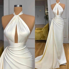 2025 Ivory Halter Mermaid Prom Dresses Long Satin Pageant Dress Split Detachable Train MyChicDress