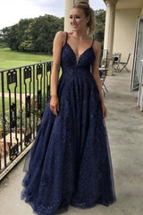 2025 Lace Navy Blue Prom Dresses with Sequins Formal Graduation Dresses MyChicDress