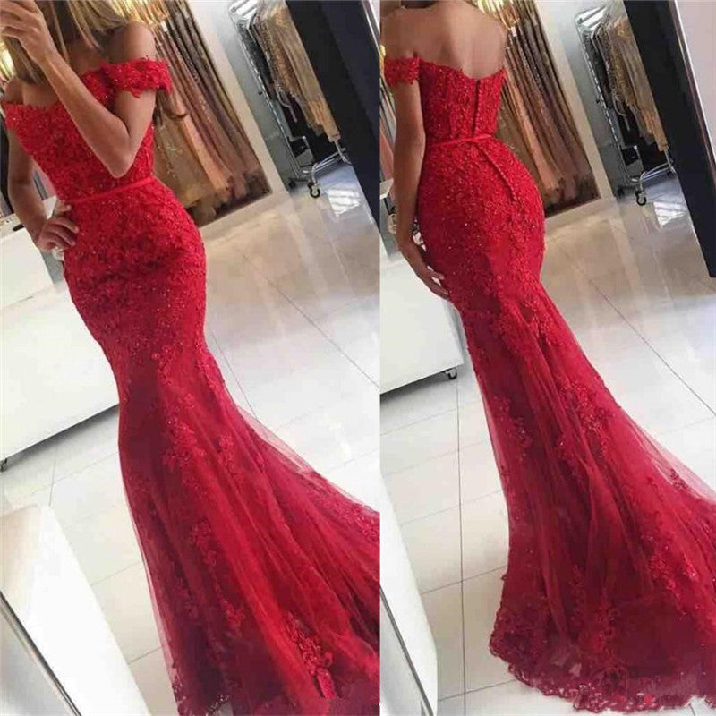 Lace Red Prom Dresses Off-the-shoulder Mermaid Appliques Gowns - MyChicDress