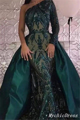 2025 Long Lace one Shoulder Prom Dresses Emerald Green UK Detachable Train MyChicDress