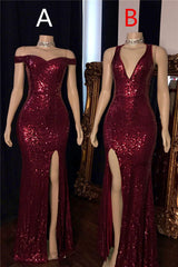 2025 Long Mermaid Burgundy Sequin Prom Dresses Glitter Split Evening Gown MyChicDress