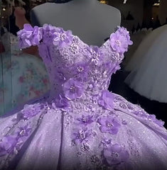 2025 Off the Shoulder Lavender Sweet 16 Sequin 3d Floral Quinceanera Dresses MyChicDress