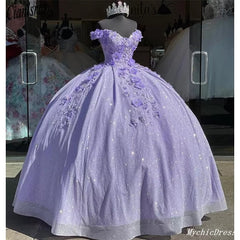 2025 Off the Shoulder Lavender Sweet 16 Sequin 3d Floral Quinceanera Dresses MyChicDress