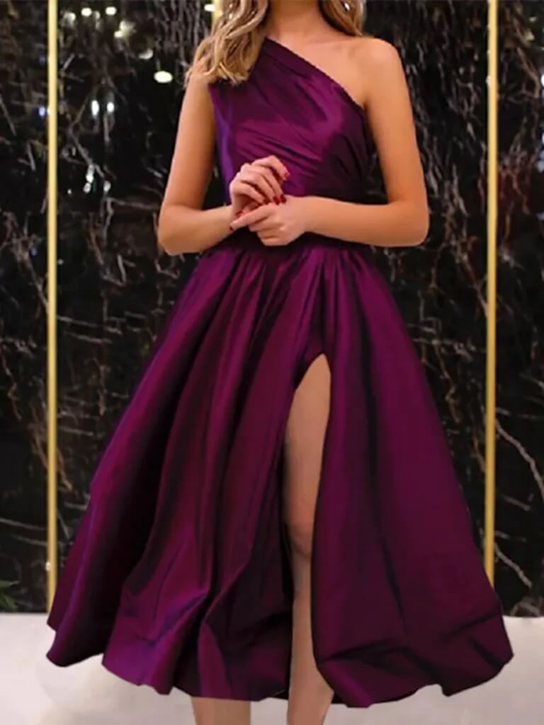 2025 One Shoulder Black Satin Wedding Guest Dresses Tea Length Prom Dresses MyChicDress