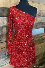 2025 One Shoulder Short Homecoming Dress Burgundy Sequin Prom Dresses MyChicDress