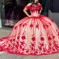 2025 Red Quinceanera Dresses Off The Shoulder 3D Flowers Sweet 16 Party Dress MyChicDress